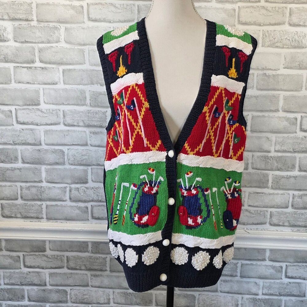 Vintage Marisa Christina Hand Knit Golf Sweater Vest Holiday Novelty Christmas M